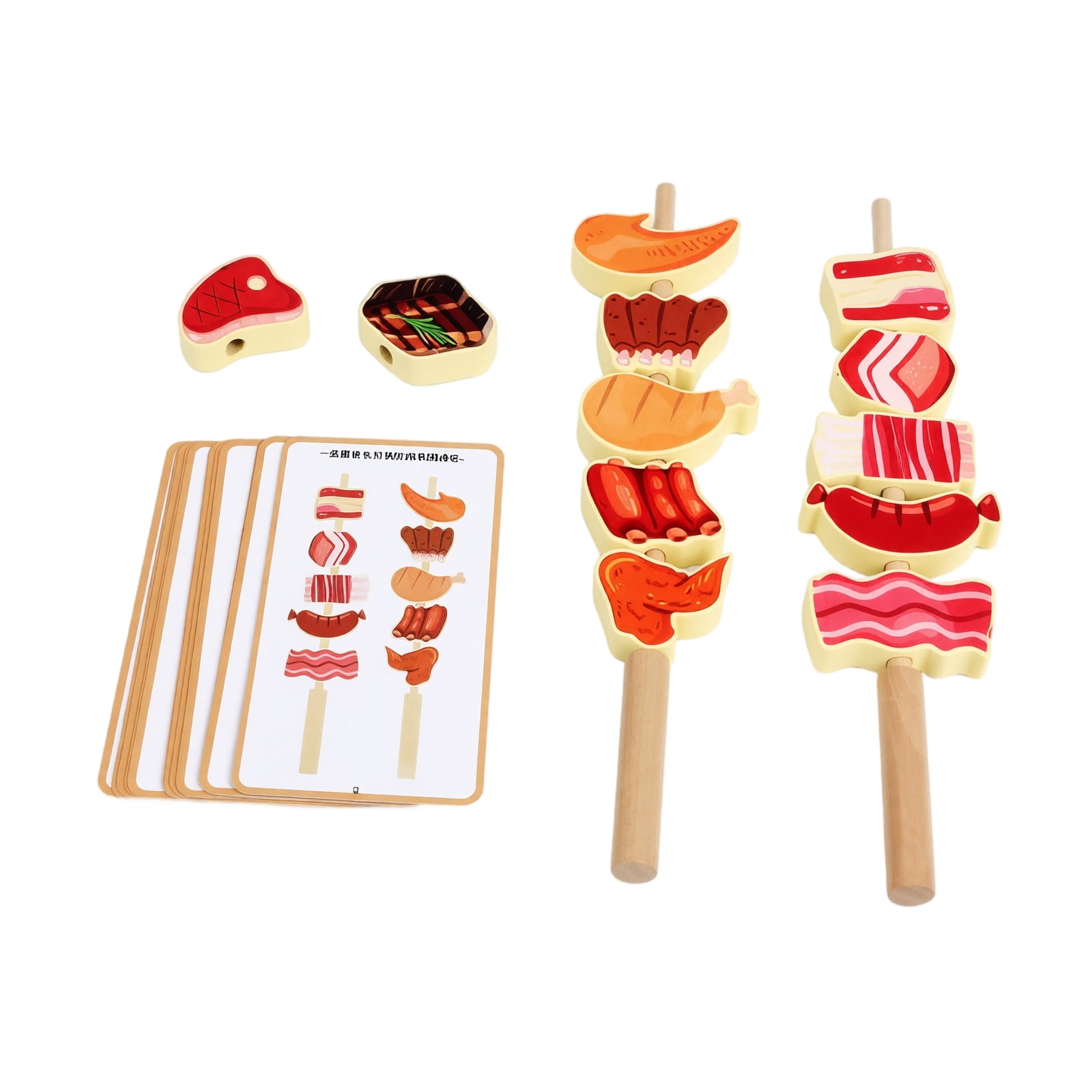 Wooden Play Set with Bbq Skewers and Matching Cards Multi-Piece Pretend Kitchen Toys for Toddlers Play