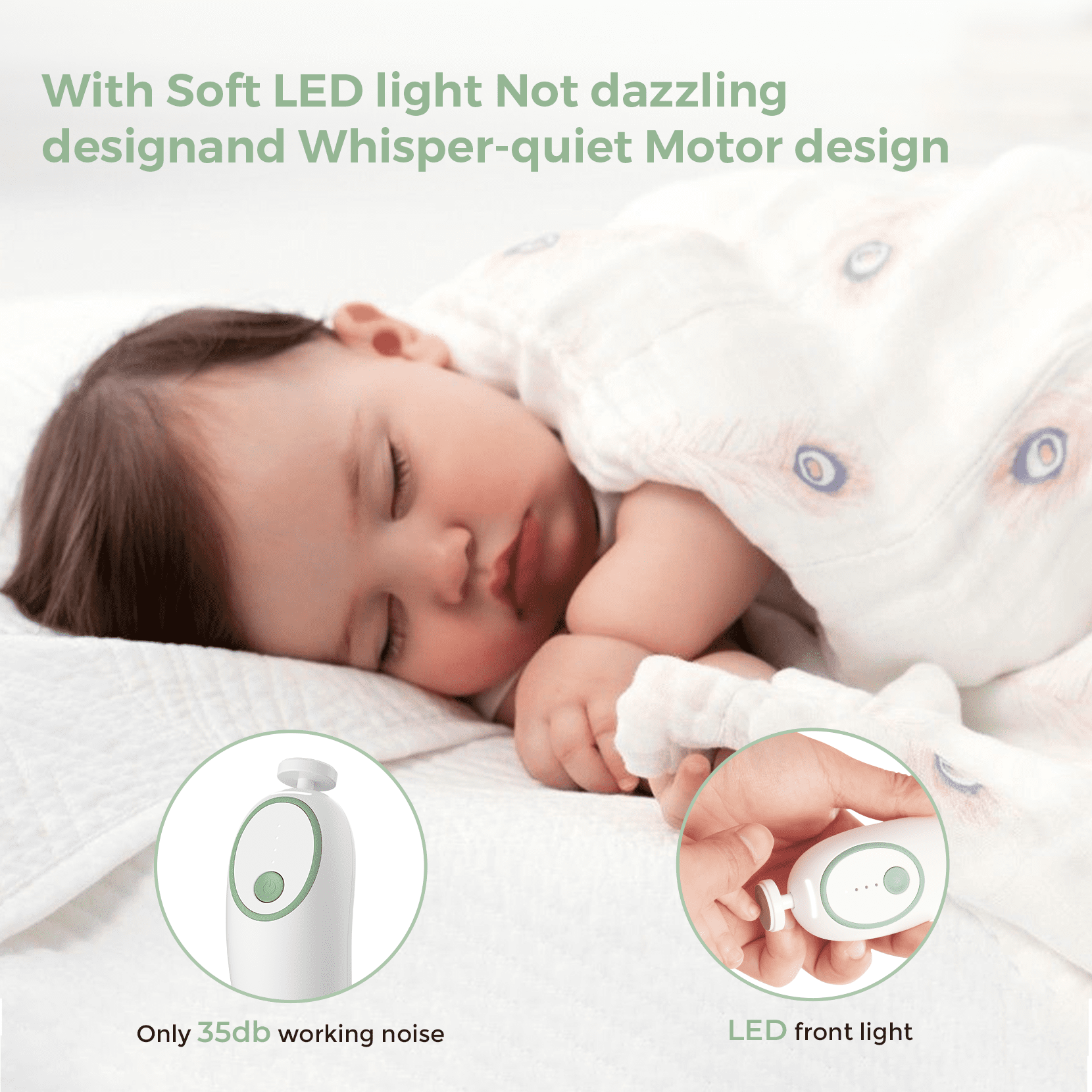 Momcozy Baby Nail File, Gentle Electric Nail Trimmer for Newborn, Infant Nail Clipper with Night Light, 7 Grinding Head Replacement Pads, Green