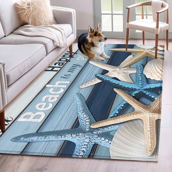 Coastal Beach Area Rug 4x6 Washable Rug Non Slip Ocean Starfish Farmhouse Plank Large Area Rug Indoor Floor Carpet for Entryway Bedroom Kitchen Living Room Home Office Dining Room Nursery