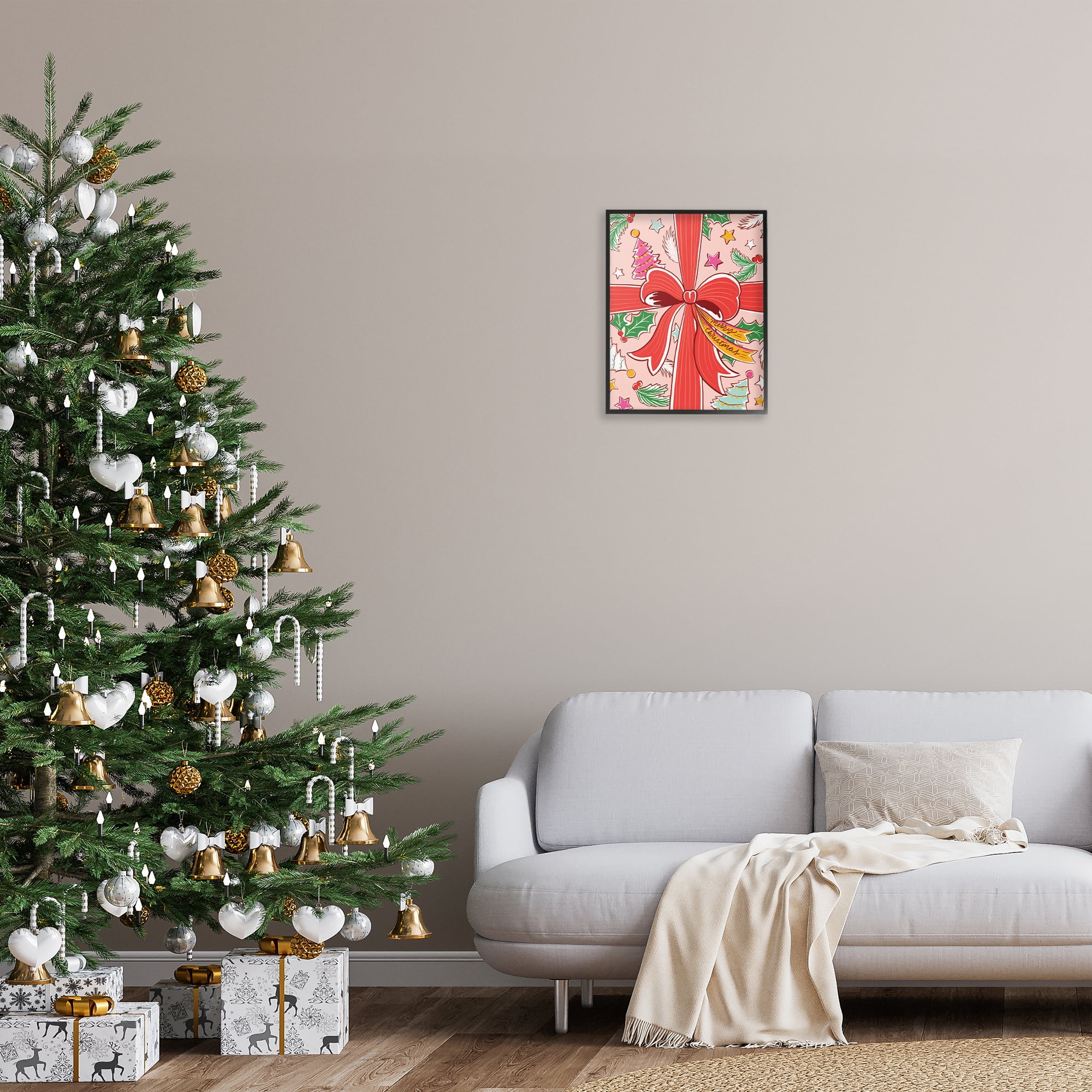 Stupell Industries Christmas Bow and Trees Holiday Painting Black Framed Art Prints Wall Art, 16 x 20
