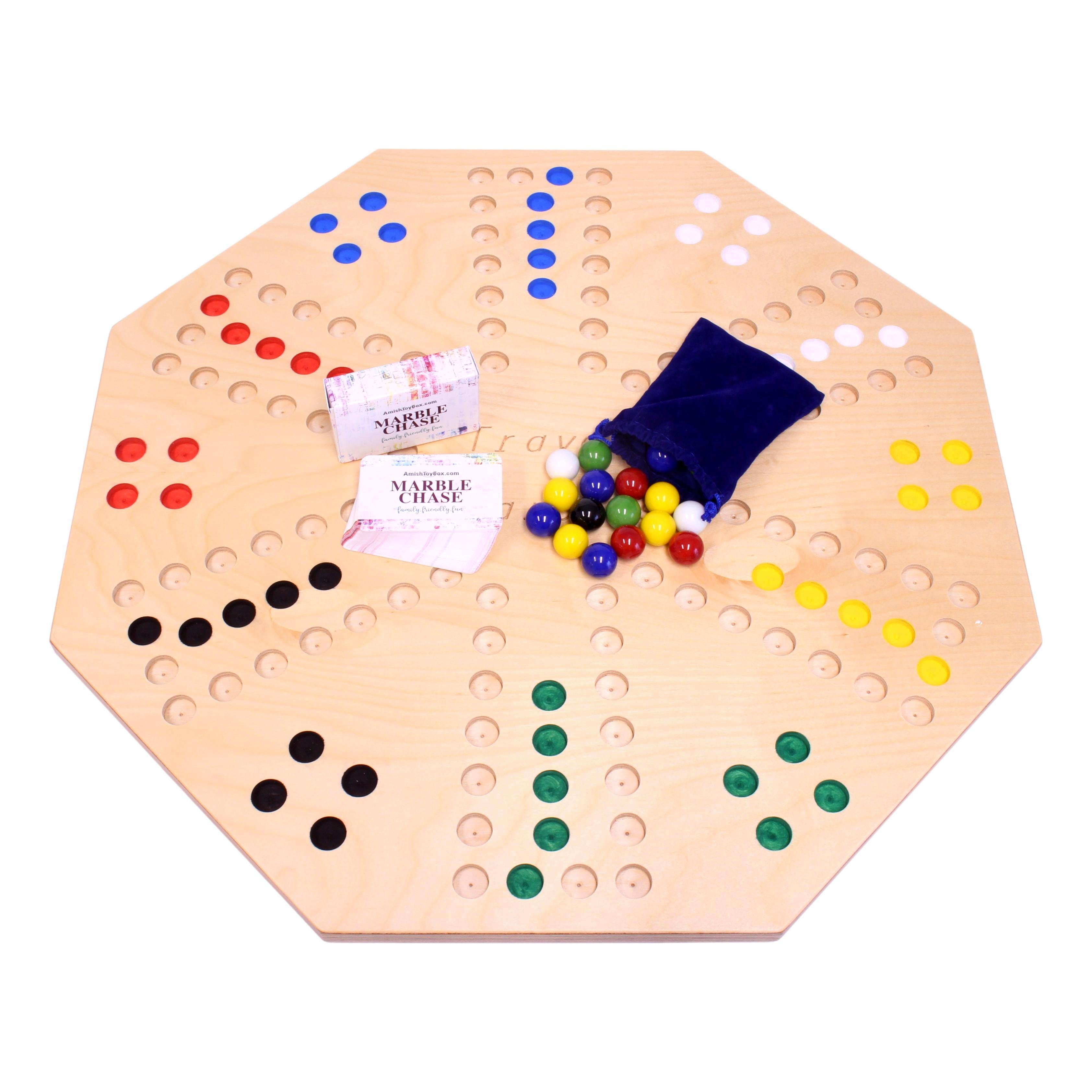 AmishToyBox.com Travel Marble Chase Cards N' Marbles Wooden Board Game Set - Double-Sided 23" Wide Board - with Cloth Carry Bag- Includes 22mm Marbles and Playing Cards