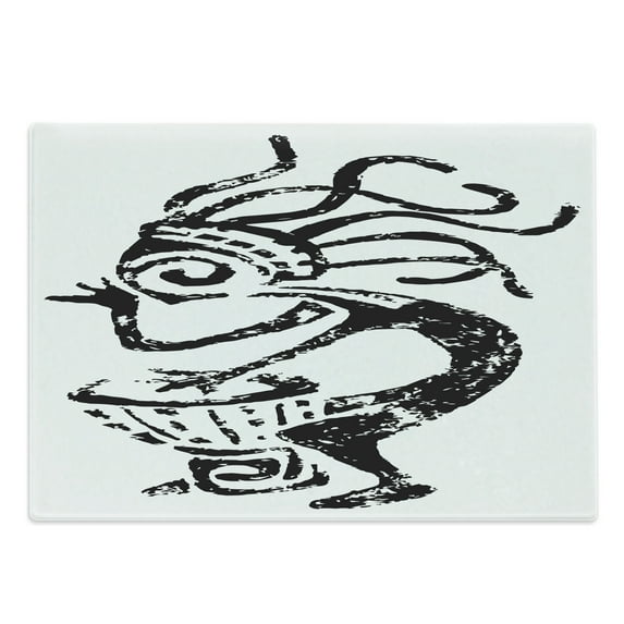 Kokopelli Cutting Board, Grunge Style Cave Motif Look Monochrome Playing Darbuka Pattern, Decorative Tempered Glass Cutting and Serving Board, in 3 Sizes, by Ambesonne