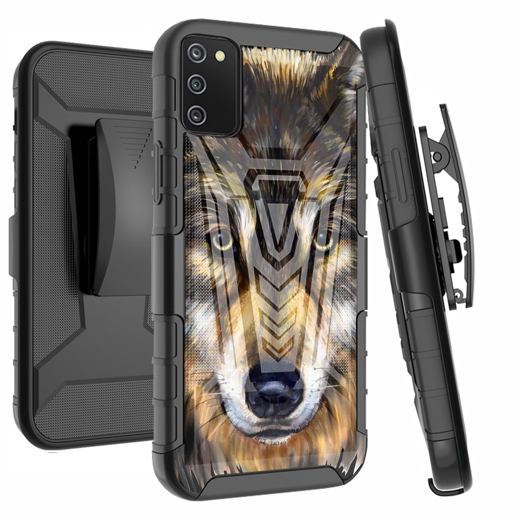 DALUX V Hybrid Kickstand Holster Phone Case Compatible with Samsung Galaxy A03s (2022) 6.5 inch - Wolf Face