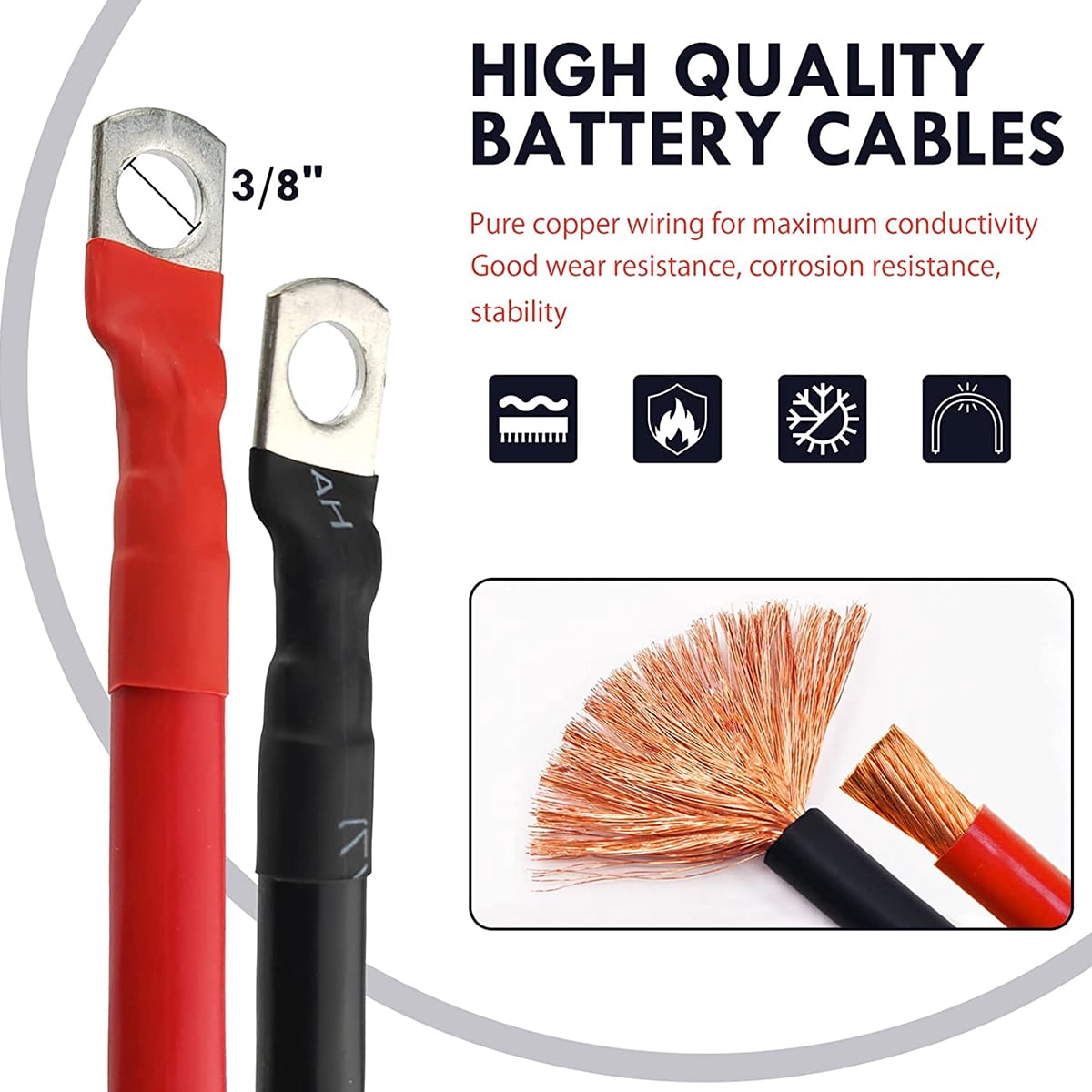verlacod 2AWG 2inch Gauge Battery Cable Set with 3/8inch Lugs Durable Battery Power Inverter Cable Professional Copper Power Inverter Wire Boat Battery Cable for Car Marine Solar RV Boat