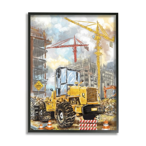 Stupell Industries Busy Construction Site Transportation Painting Black Framed Art Print Wall Art, 11 x 14