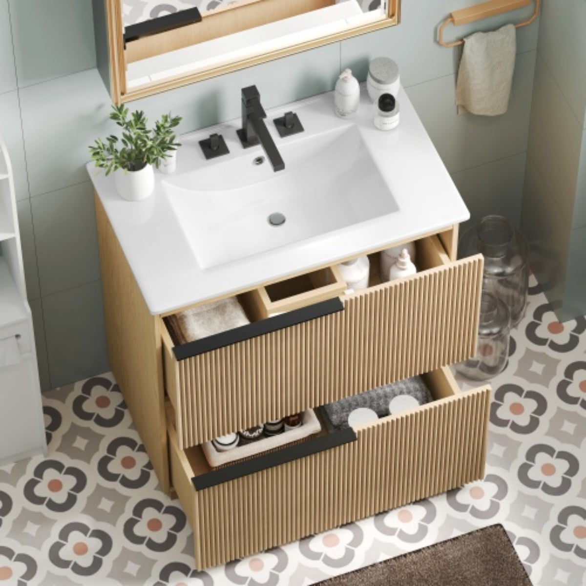 30" Bathroom Vanity with Ceramic Sink, Freestanding Bathroom Cabinet with Full Extension Drawers, Soft Close Slides, Fluted Design, Natural