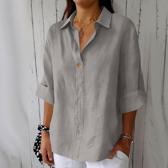 HongQid Summer Linen Shirts for Women Button Down V Neck 3/4 Sleeve T-Shirt Blouse Casual Loose Basic Solid Tunic Tops