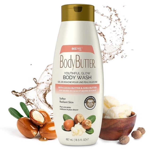 Biocare Gel de baño juvenil con brillo infundido con cacao y manteca de karité Gel de baño suave nutrido con humedad intensiva - 16.5 oz