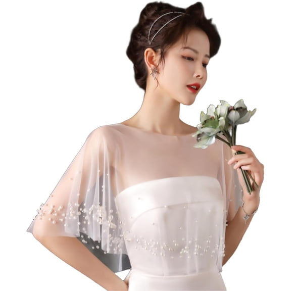 KuKuzhu Pearls Wedding Shawl White Wrap Shrug Bridal Evening Dress Bolero Cover Up for Party Formal