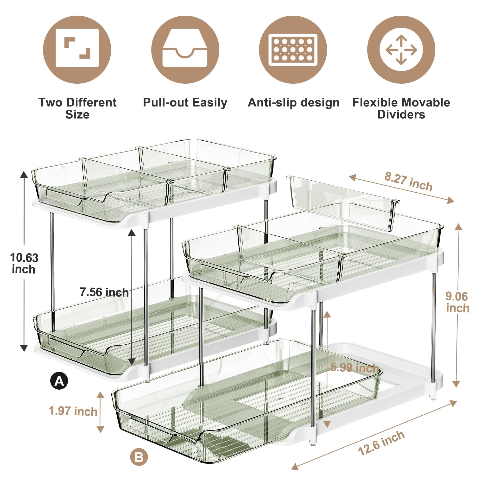 2-tier Multi-purpose Bathroom Under Sink Organizers And Storage  Stackable Kitchen Pantry Organization Pull Out Cabinet Organizer With Movable Dividers Light Green 2 Pack