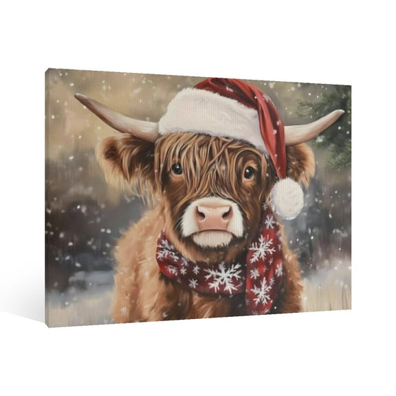 Vintage Christmas Highland Cow Wall Art Paint - Retro Xmas Festive Winter Holiday Christmas Wall Decor Canvas for Living Room Kitchen Bathroom Home Bedroom Decor Framed
