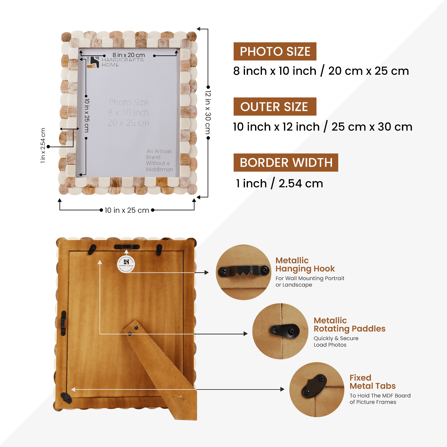 Handicrafts Home 8x10 Brown Picture Frame, Handmade Scallop pattern Bone inlay Photo Frame for Wall & Tabletop, Boho Farmhouse Home Decor, Gallery Wall & Desk Decor, Family Picture Frame Fall decor