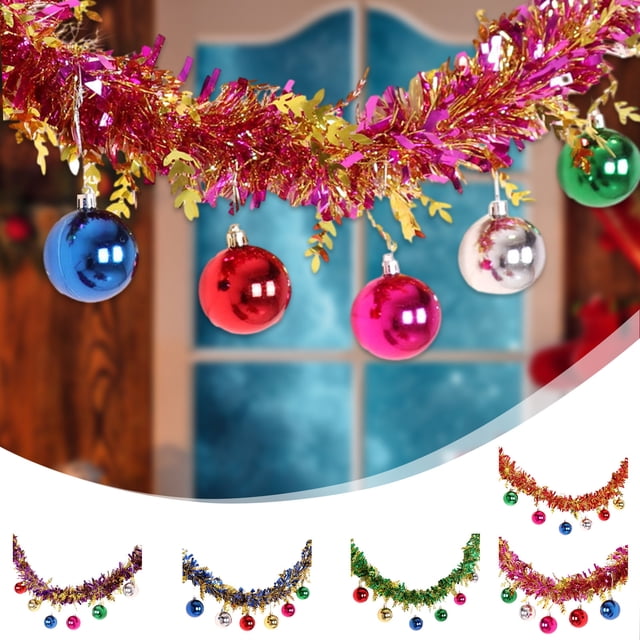 Guirnalda de ratán navideño con cintas y bolas - Decoración colgante de 66,93 pulgadas para chimenea, escalera, ventana - morado, rojo, rosa, verde, azul
