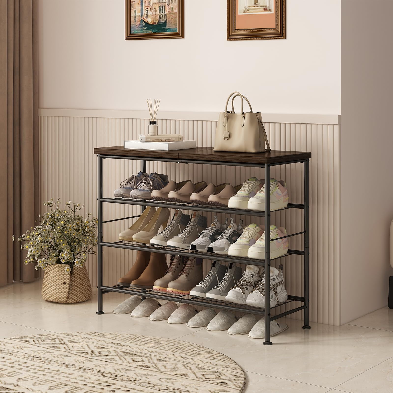 Furinno 5-Tier Turn-N-Tube Wide Shoe Rack, Wood, Brown and Black