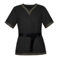 thumbnail image 2 of V Neck Viking Medieval Tunic, V Neck Medieval Viking Short Sleeve Tunic, Printed Trim Warrior Peasant Cosplay Top With Belt, Multi Earth Tone Larp Halloween Costume Shirt, Black L, 2 of 8