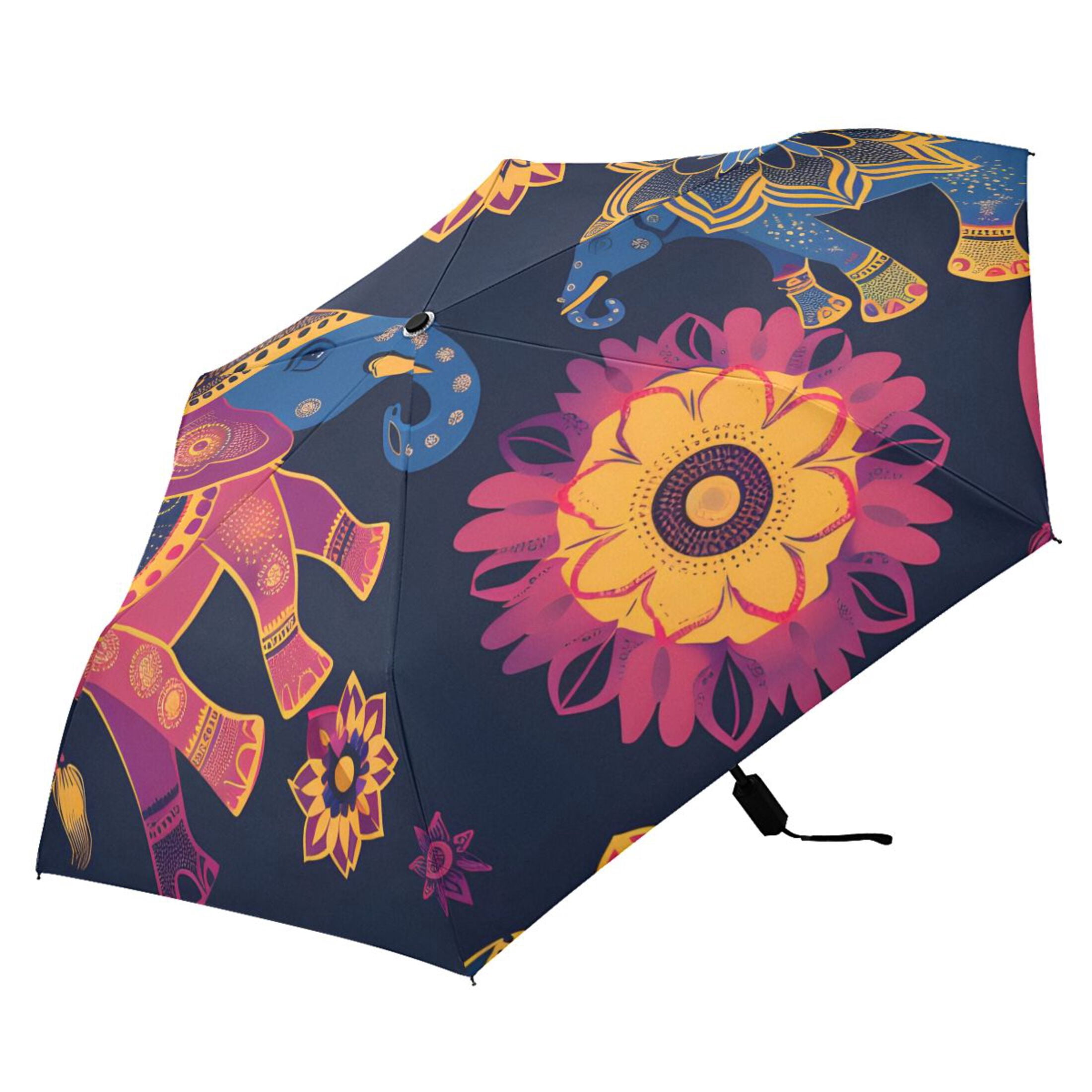 Asian Pattern with Elephants All Weather Umbrella Triple Folding Parasol 6 Ribs UV Protection Portable