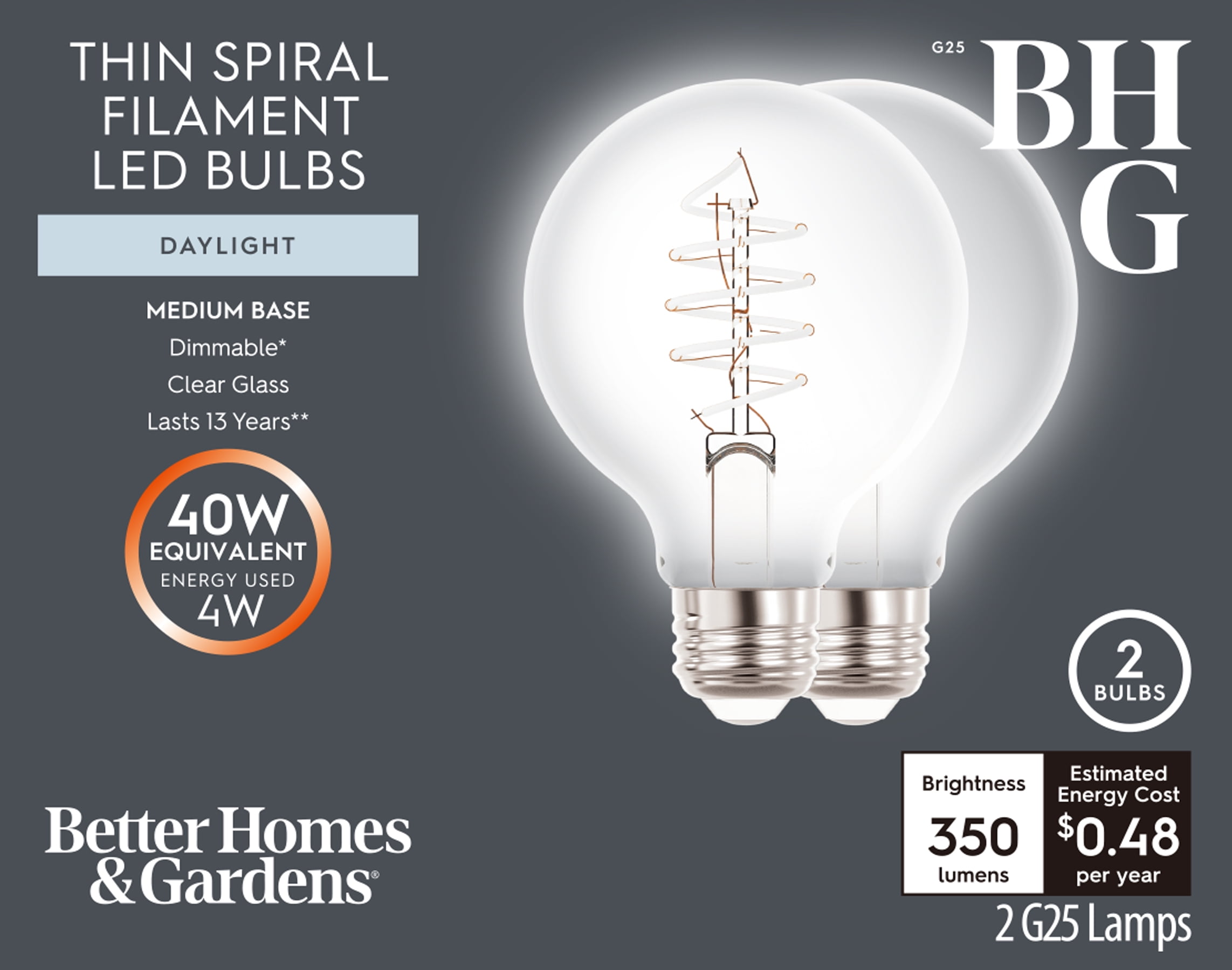 (2 pack) Better Homes & Gardens G25 LED Vintage Light Bulb, 4 Watts (40W Equivalent), Daylight, Thin Filament, E26, 2PK