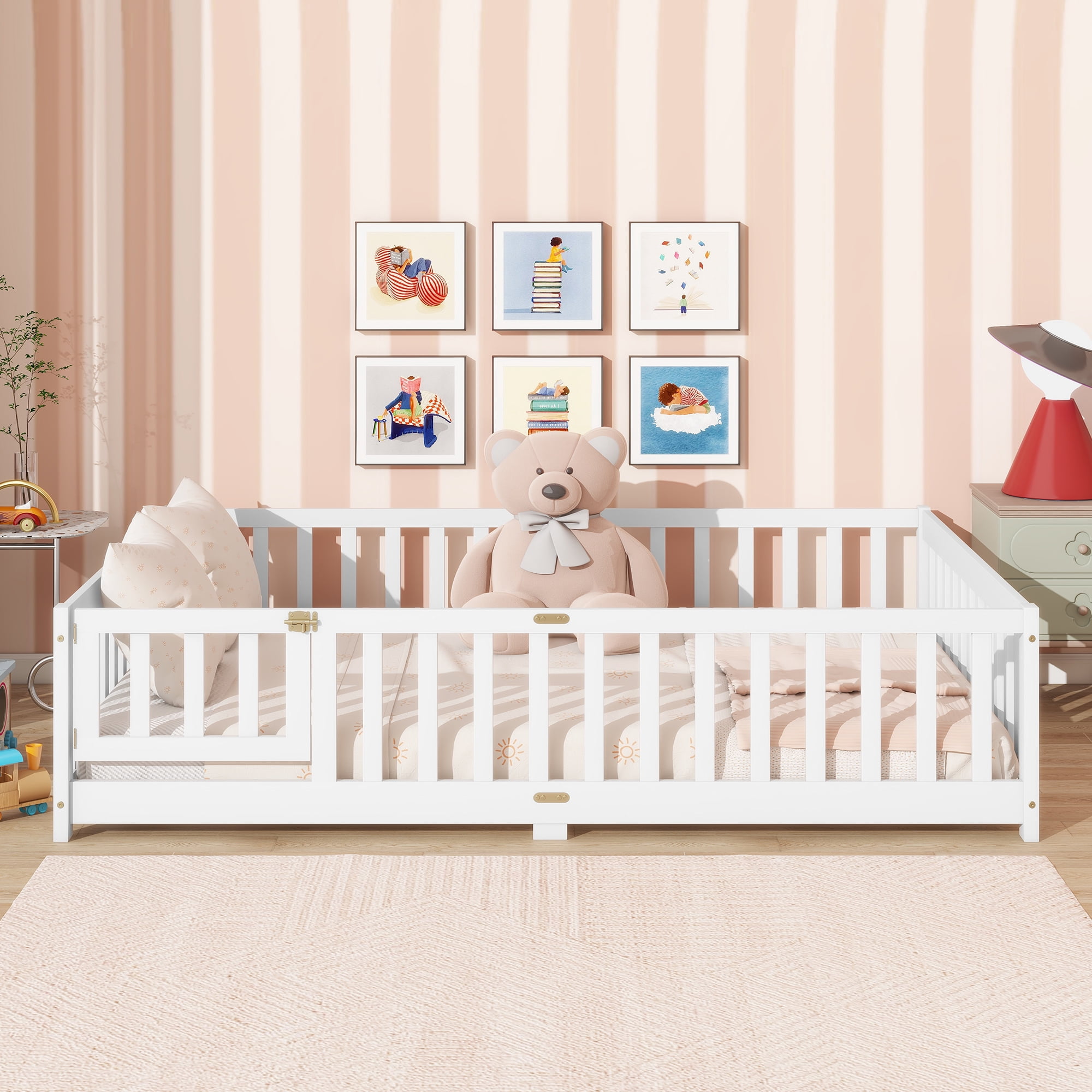 Miniyam Full Size Floor Bed with Guardrails and Door for Kids, White
