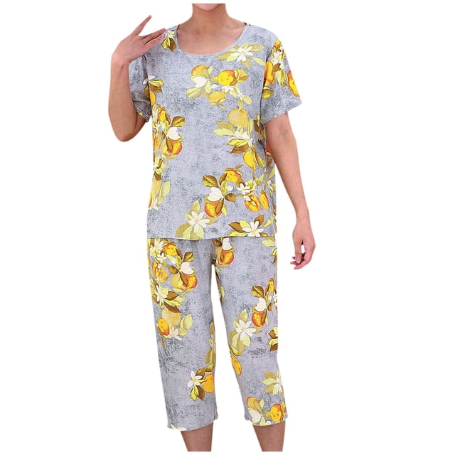 Pisexur Ensembles de Pyjama pour Femmes 2 Pcs Boho à Imprimé Floral Chemises de Nuit en Coton pour Femmes Décontractées Col Rond T-Shirts à Manches Courtes Hauts et Pantalons de Détente Longueur Genou Pyjamas Grande Taille pour Femmes Ensemble TG-4TG