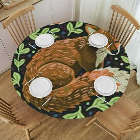 

Xllo0ord Green Leaves around Foxes Round Fitted Tablecloth with Elastic Protector Table Kitchen Dinner Waterproof Oil-Proof Table Covers 54 -58