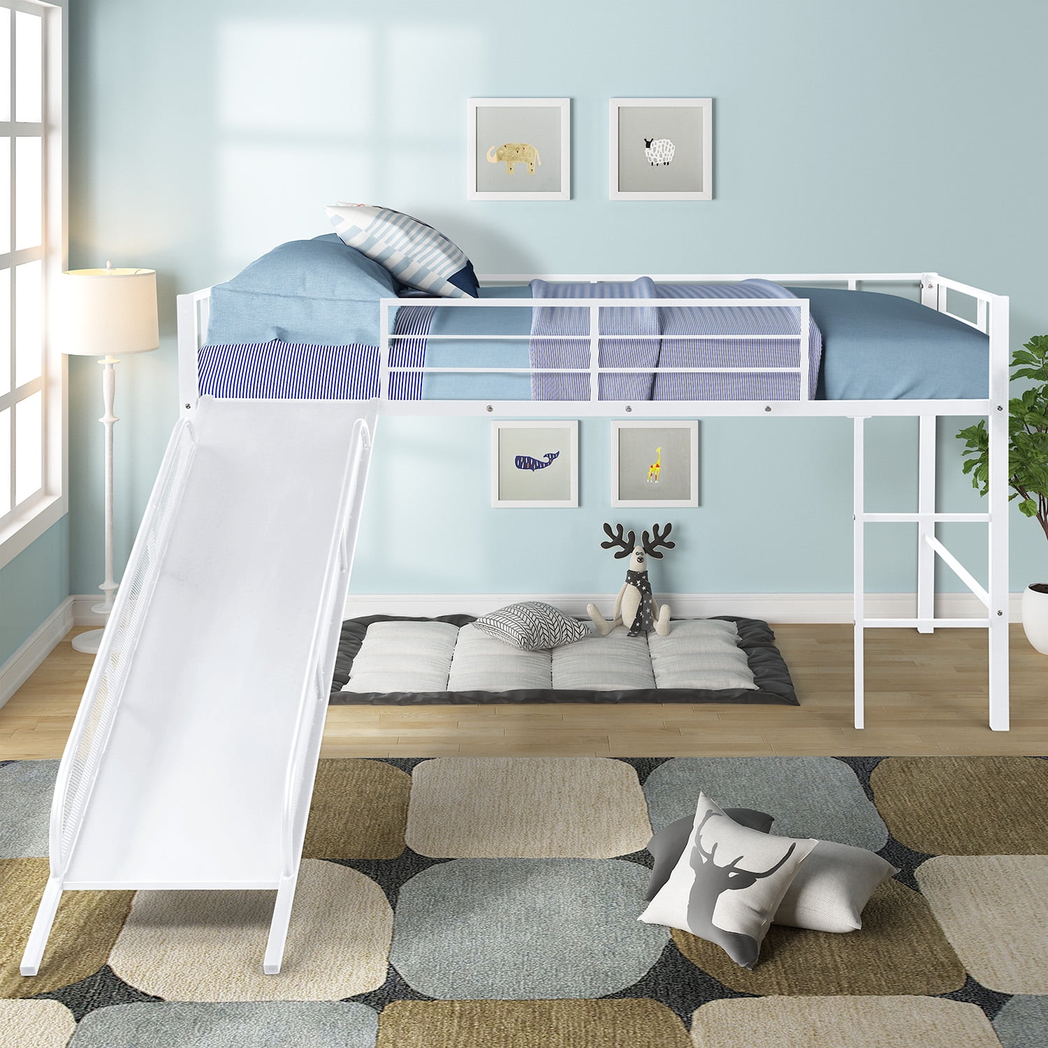 Kepooman Twin Size Metal Loft Bed with Slide for Bedroom, White with White Slide