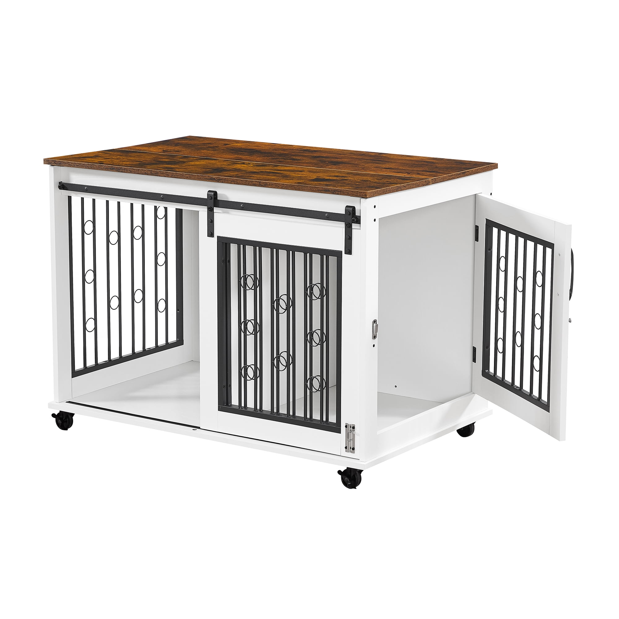 Pefilos 39" Sliding Door Dog Crate with Partition for Two Puppies, Furniture Style Dog Cage with Wheels, Brown Countertop Dog House Kennel for Indoor Dogs, White Pefilos 39" Sliding Door Dog Crate with Partition for Two Puppies, Furniture Style Dog Cage with Wheels, Brown Countertop Dog House Kennel for Indoor Dogs, White