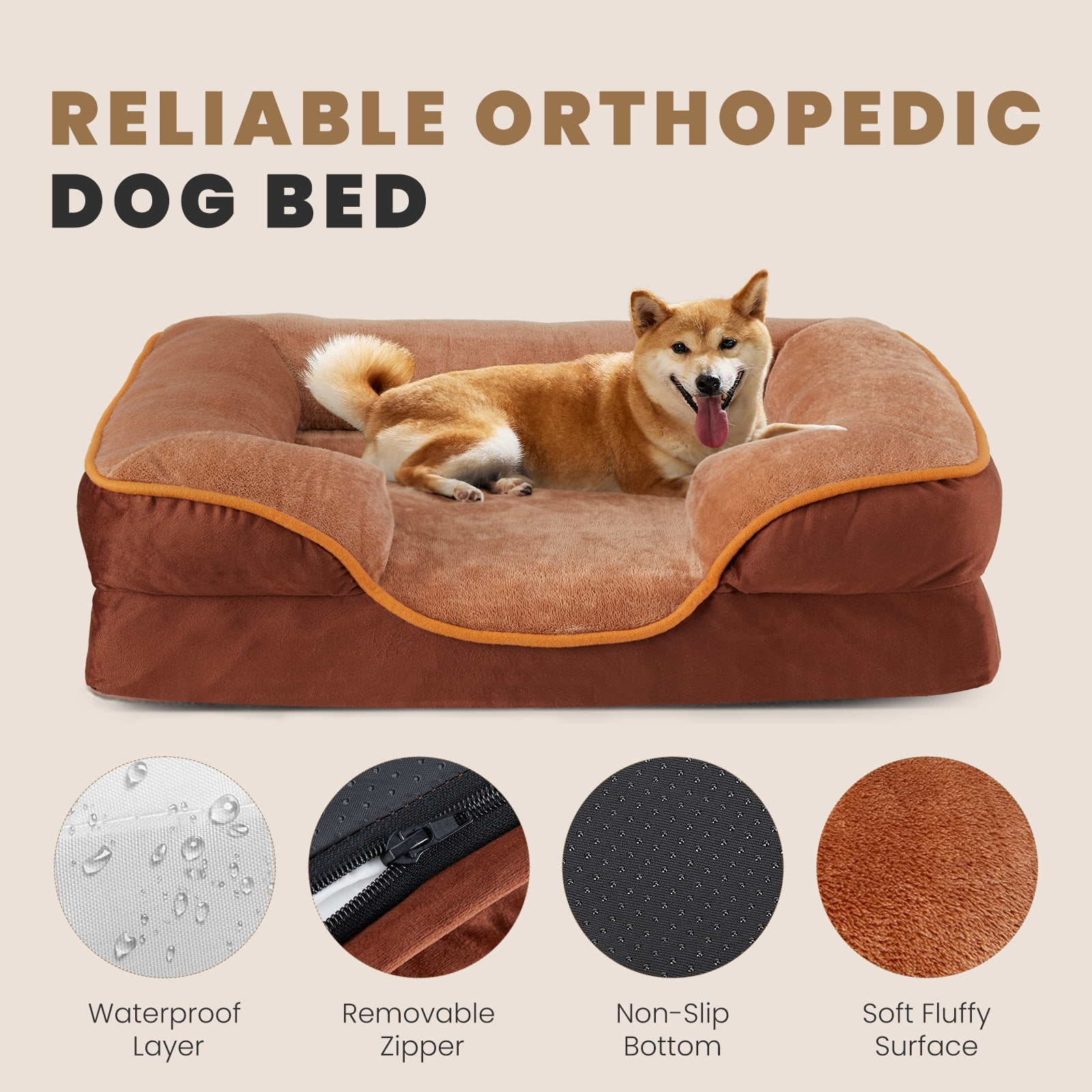 JOINSUN Extra Large Orthopedic Dog Bed, 42"x32" XL Sofa Bed with Egg Crate Foam Support, Machine Washable Cover, Brown