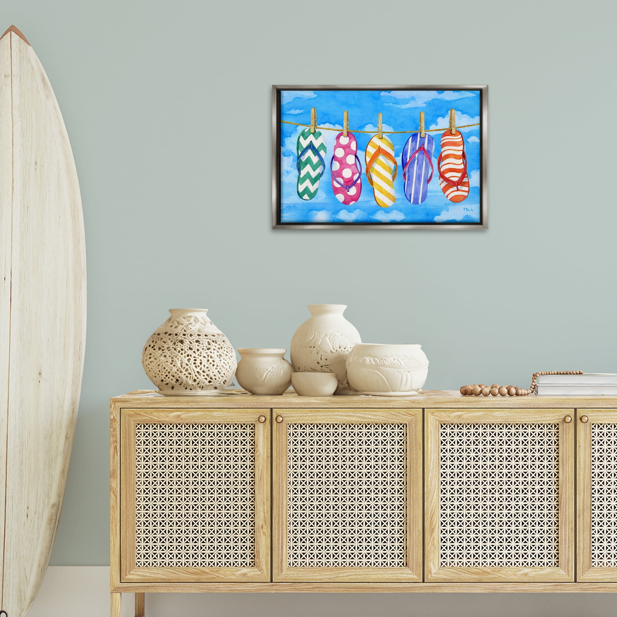 Stupell Industries Flip Flops on Clothesline Beauty & Fashion Painting Gray Floater Framed Canvas Art Print Wall Art, 25 x 17