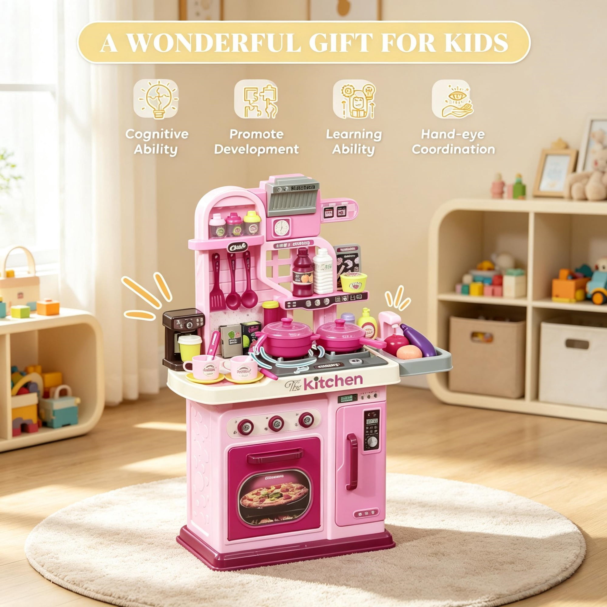 33-Piece Kids Kitchen Playset with Light and Sound for Ages 3-6