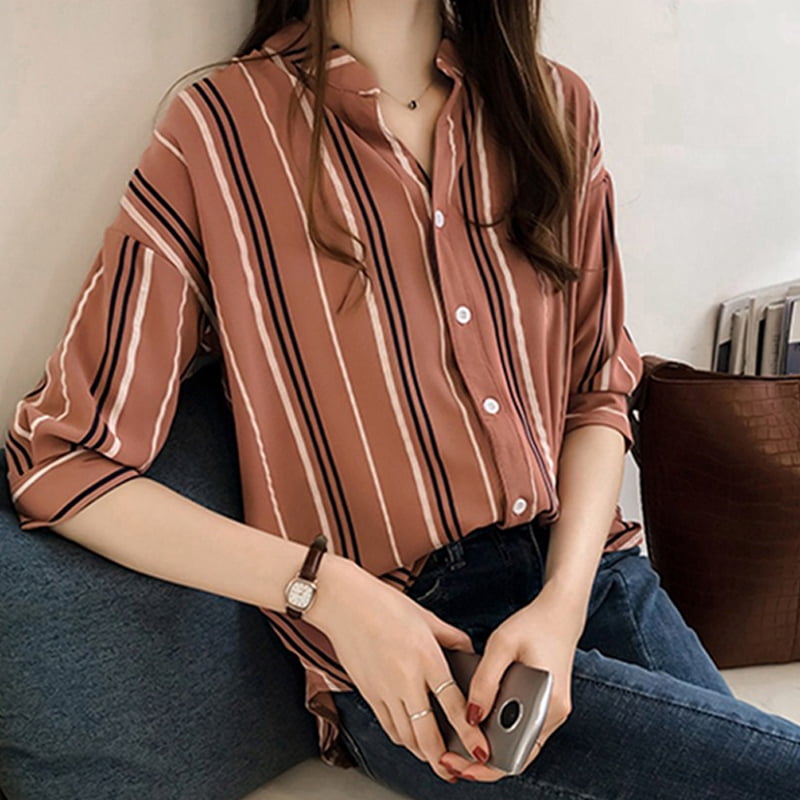 Women Casual Vertical Striped Blouse 