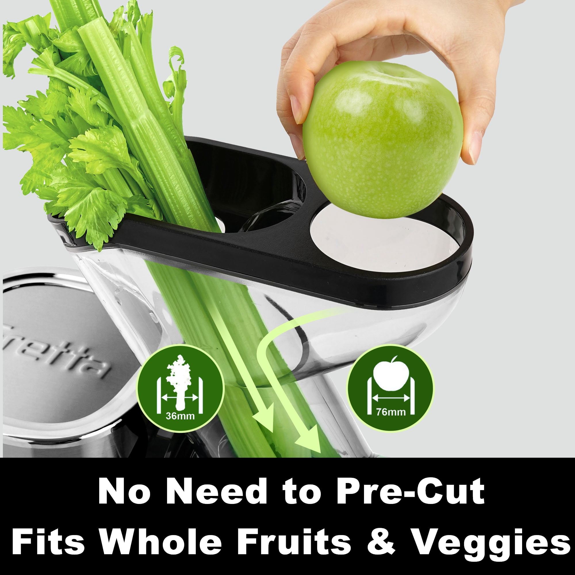 Fretta Juicer Machines,Cold Press Juicer with American-Sourced PCTG Material,3-Inch Wide Feed Chute Fits Whole Fruits & Vegetables,Stainless Steel & Easy to Clean,Quiet 200W DC Power