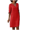 thumbnail image 2 of Lindbes Femmes Casual Robes Été Mode en Vrac Couleur Unie à Manches Courtes Dentelle Épissage Coton Lin Robe Robes, 2 of 7