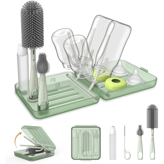 Travel Bottle Brush, Baby Travel Essential Bottle Cleaner Kit with Silicone Bottle Brush, Nipple Cleaner Brush, Straw Brush, Soap Dispenser, Storage Box, Bottle Drying Rack for Home and Travel(Green)