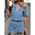 thumbnail image 4 of Women'S Denim 2 Piece Outfits Summer Lapel V Neck Crop Top Jean Skirt Shorts Set with Pockets  Set M, 4 of 8