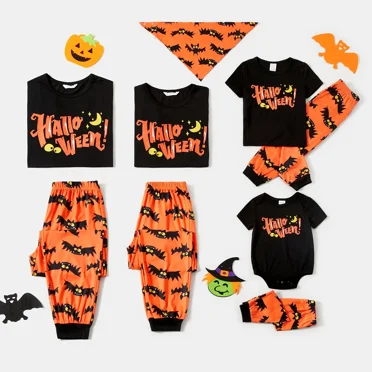 PatPat Halloween Pajamas Kids Holiday Pjs Family Matching Letter & Bat Print Short Sleeve Sleepwear Sets for Women Girls Boys, Black & Orange, L