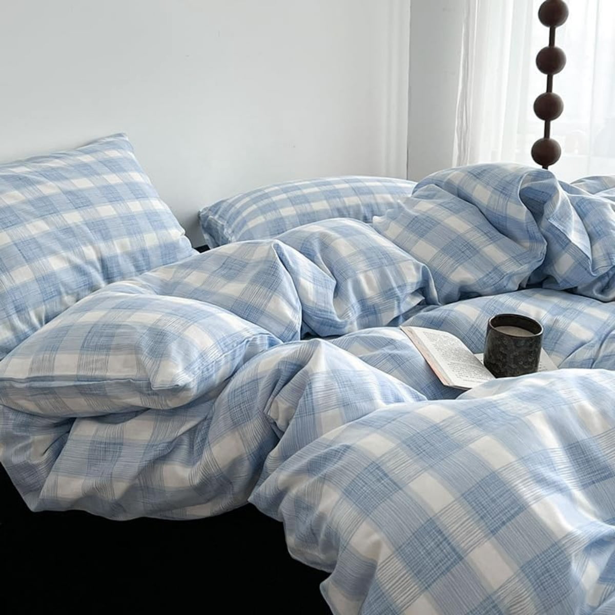 NAYOROOM Blue White Checked Geometric Duvet Cover King Set, 3-Piece Fresh Checkered Pattern Breathable Comforter Cover