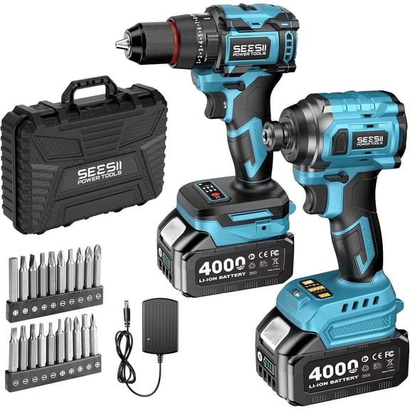 Seesii Cordless Drill Driver and Impact Driver Combo Kit Brushless 3/8'' Drill & 1/4'' Impact Driver, 2x 4000mAh Battery, Fast Charger, 20 pcs Driver Bit Set & Bag