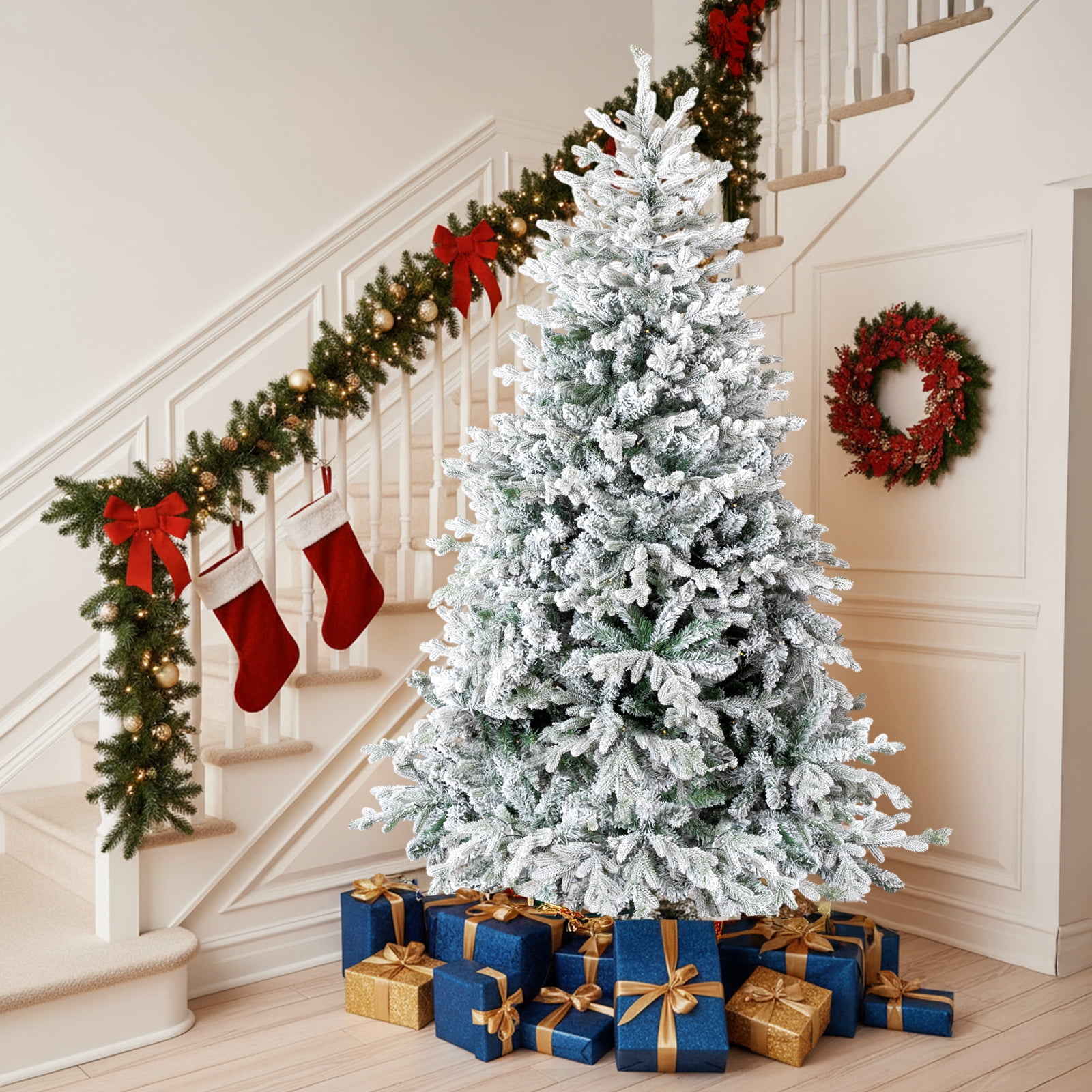 Astoutdoor 7 ft Pre-lit Snow Flocked Christmas Tree with 1100 Branch Tips and 400 Lights, Snow Flocked Green