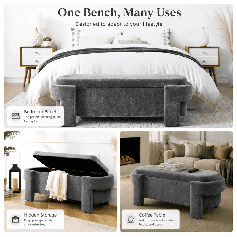 51.5" Large Storage Ottoman Bench for Bedroom, Upholstered Linen End of Bed Bench with Hidden Storage, 250 lbs Capacity, Entryway Shoe Bench Seat, No Assembly, Gray