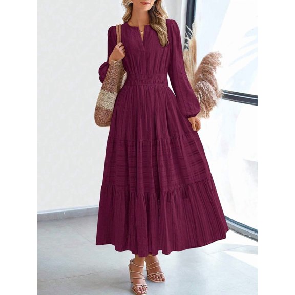 Women Burgundy Long Sleeve High Waist Tiered Flowy A-Line Boho Maxi Dress