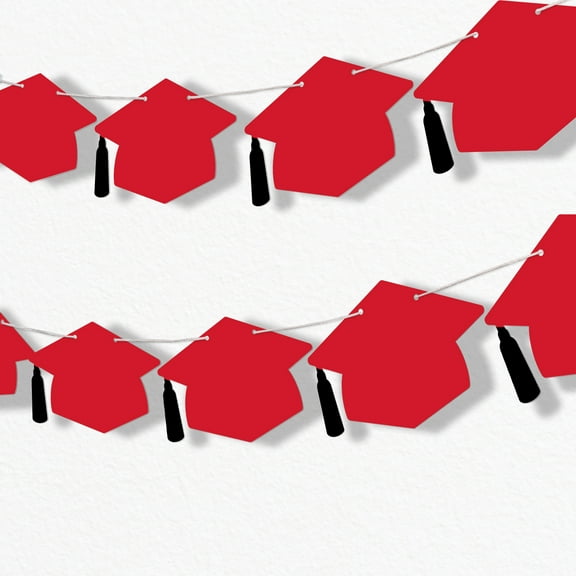 Big Dot of Happiness Red Graduation Cap Garland Banner, Grad Decor, High School Graduate Photo Backdrop, Elementary Celebration, 10 Feet of Cord, 15 Hats with Tassels