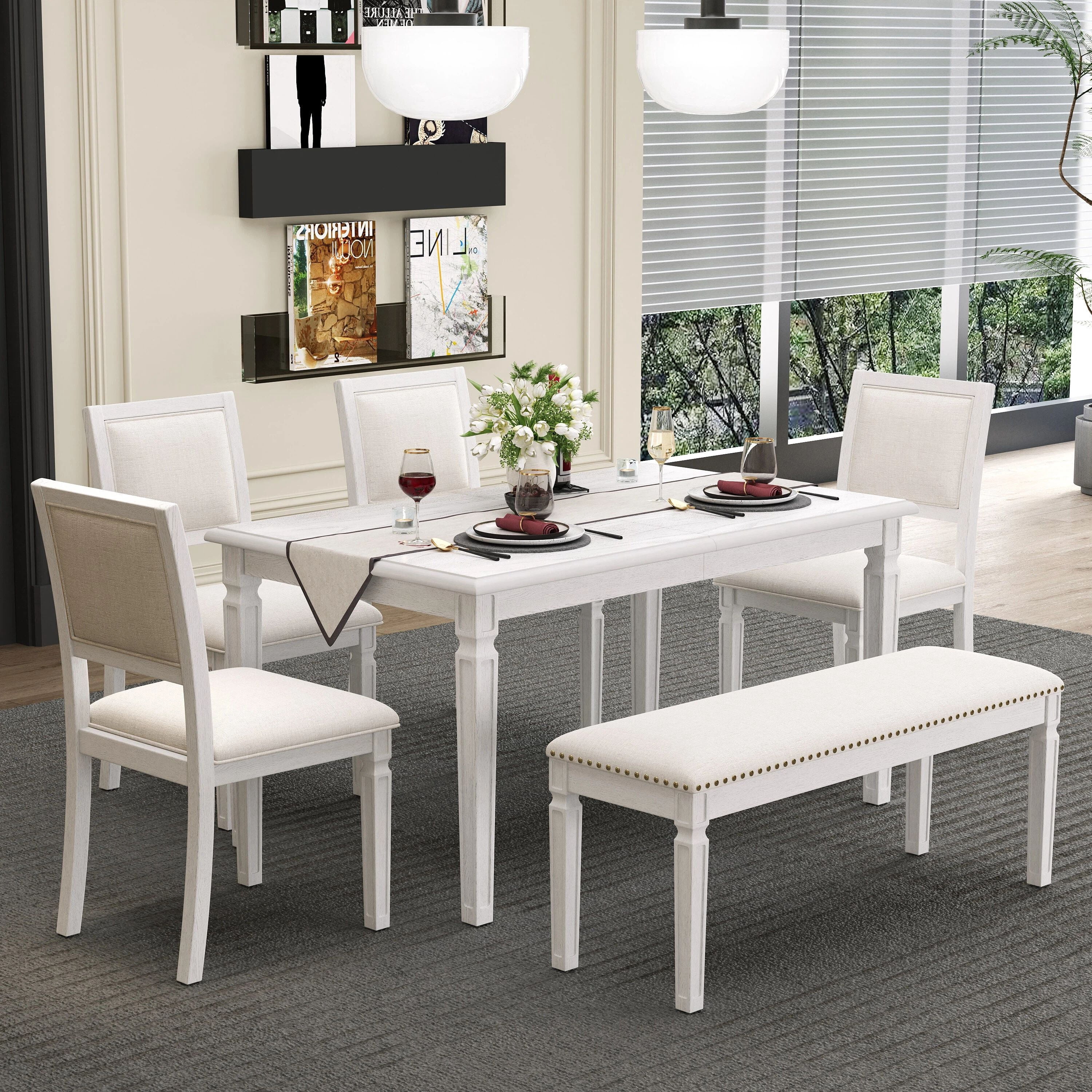 Euroco Farmhouse 6-Piece Dining Table Set for 6, 72" Extendable Kitchen Table with 4 Upholstered Chairs,1 Bench & Carved Legs, Wood Dining Set for Kitchen Living Room,White