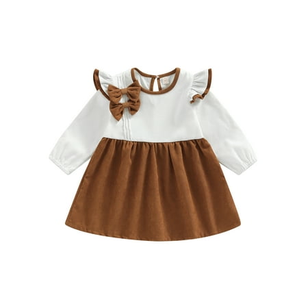 

Kids Little Girls Princess Dress Contrast Color Fall Spring Bow Ruffled Long Sleeve Ribbed A-line Dress White Brown 4-5 Years