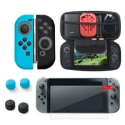 insten Carrying Travel Hard EVA Case + Joy-Con Controller Skin [Left BLUE/Right BLACK] + Screen Protector + 4-pc Thumb Grip Caps for Nintendo Switch