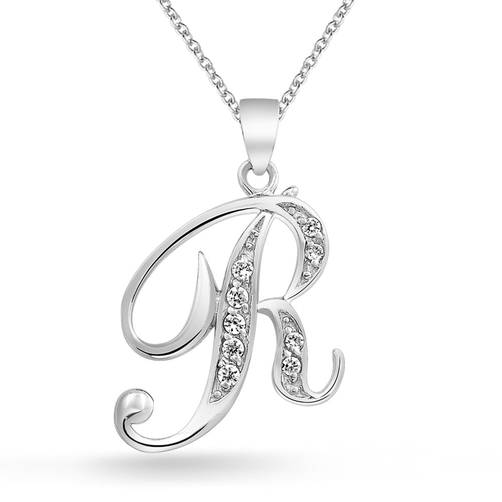 Bling Jewelry 925 Silver CZ Cursive Initial Letter R Alphabet