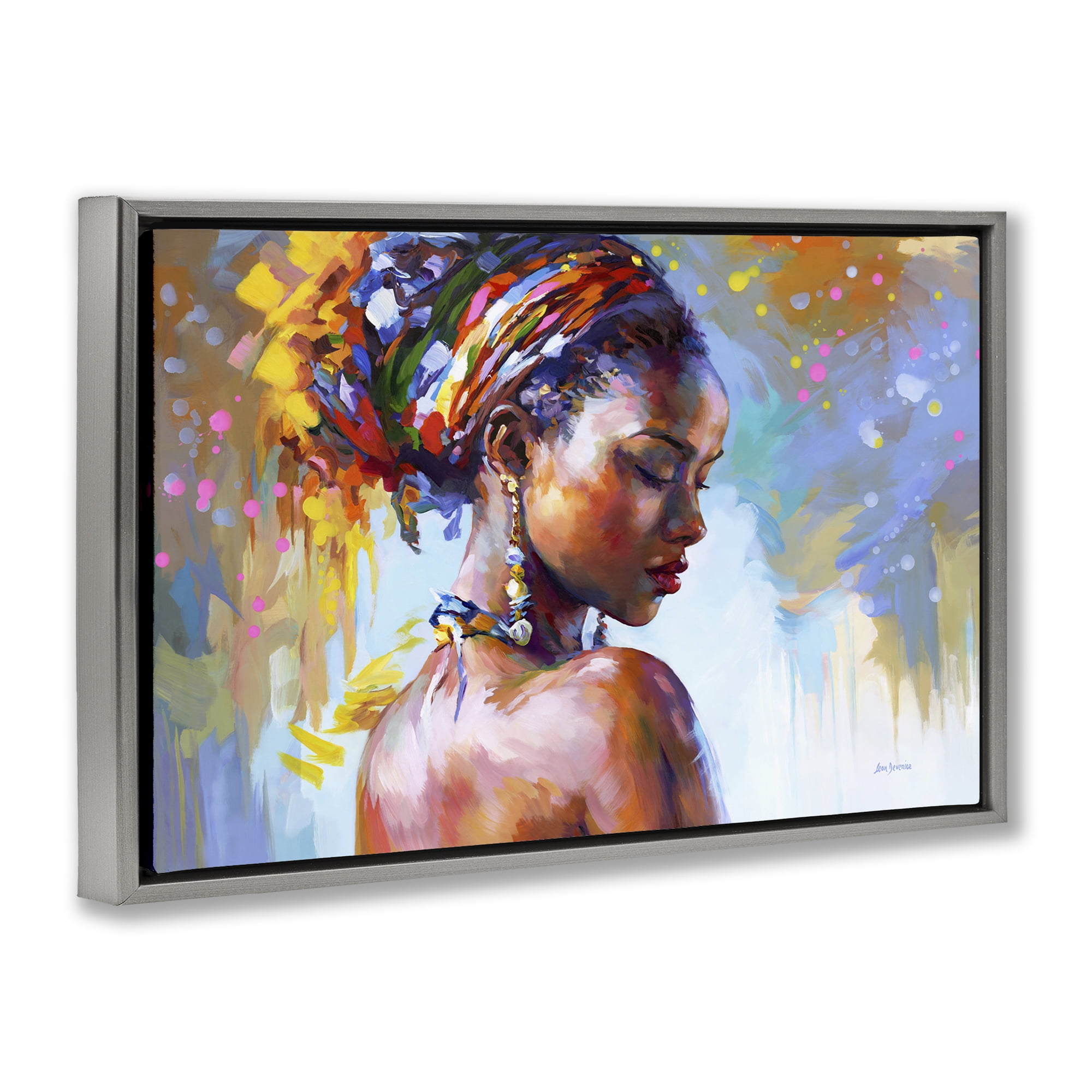 Stupell Industries African Beauty Portrait People Painting Gray Floater Framed Canvas Art Print Wall Art, 31 x 21