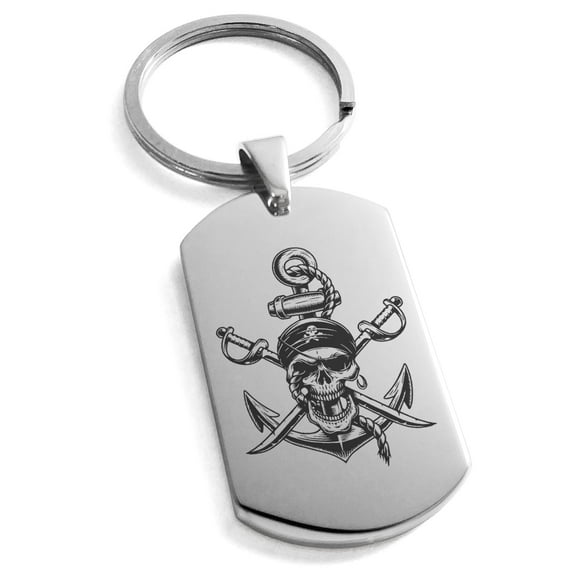 Tioneer Stainless Steel Pirate Skull Anchor & Cross Swords Engraved Dog Tag Celtic Keychain Keyring
