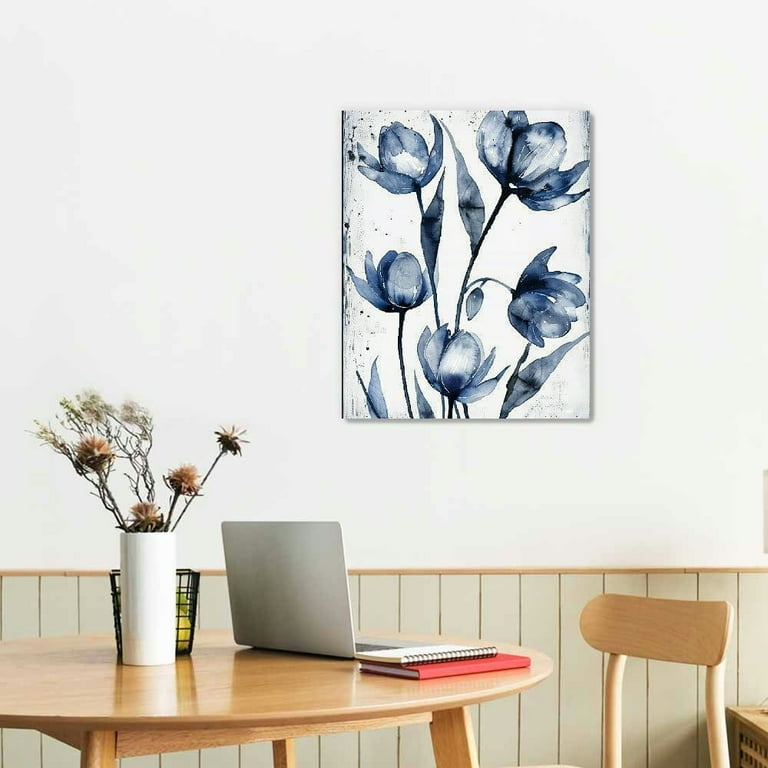 Nawypu Canvas Wall Art Navy Blue and Grey Flower Painting