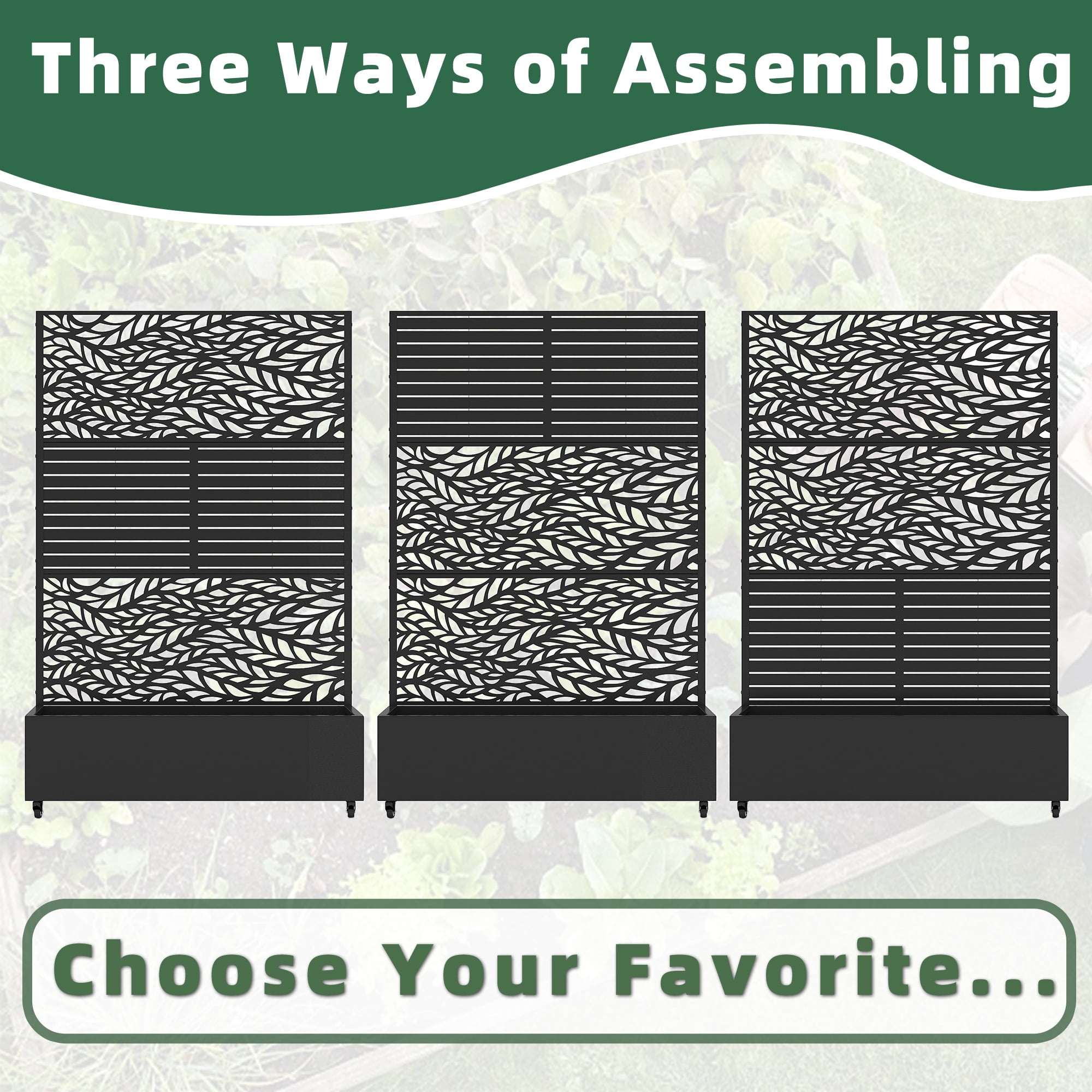 MAYEERTY 47*16*72" Outdoor Black Metal Planter Box with Trellis for Climbing Plants, Leafy & Parallel Pattern
