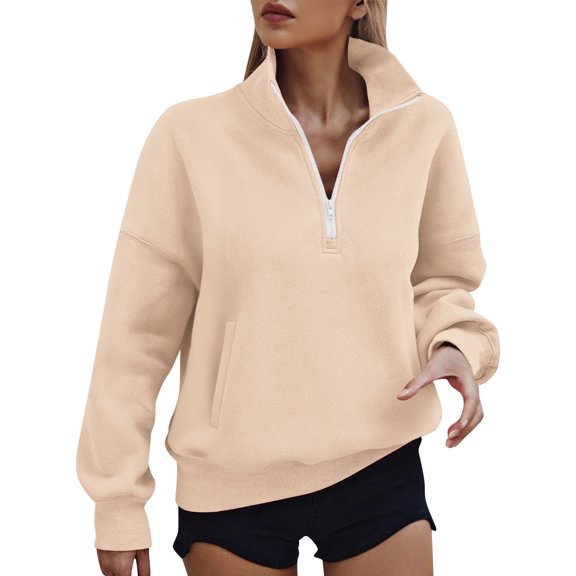 Women Quarter Zip-Up Sweatshirt Stand Collar Long Sleeve Shirt Teen Fall Casual Oversized Basic Pullover Tops